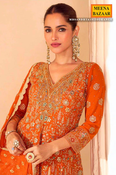 Orange Georgette Embroidered Ready Made Suit