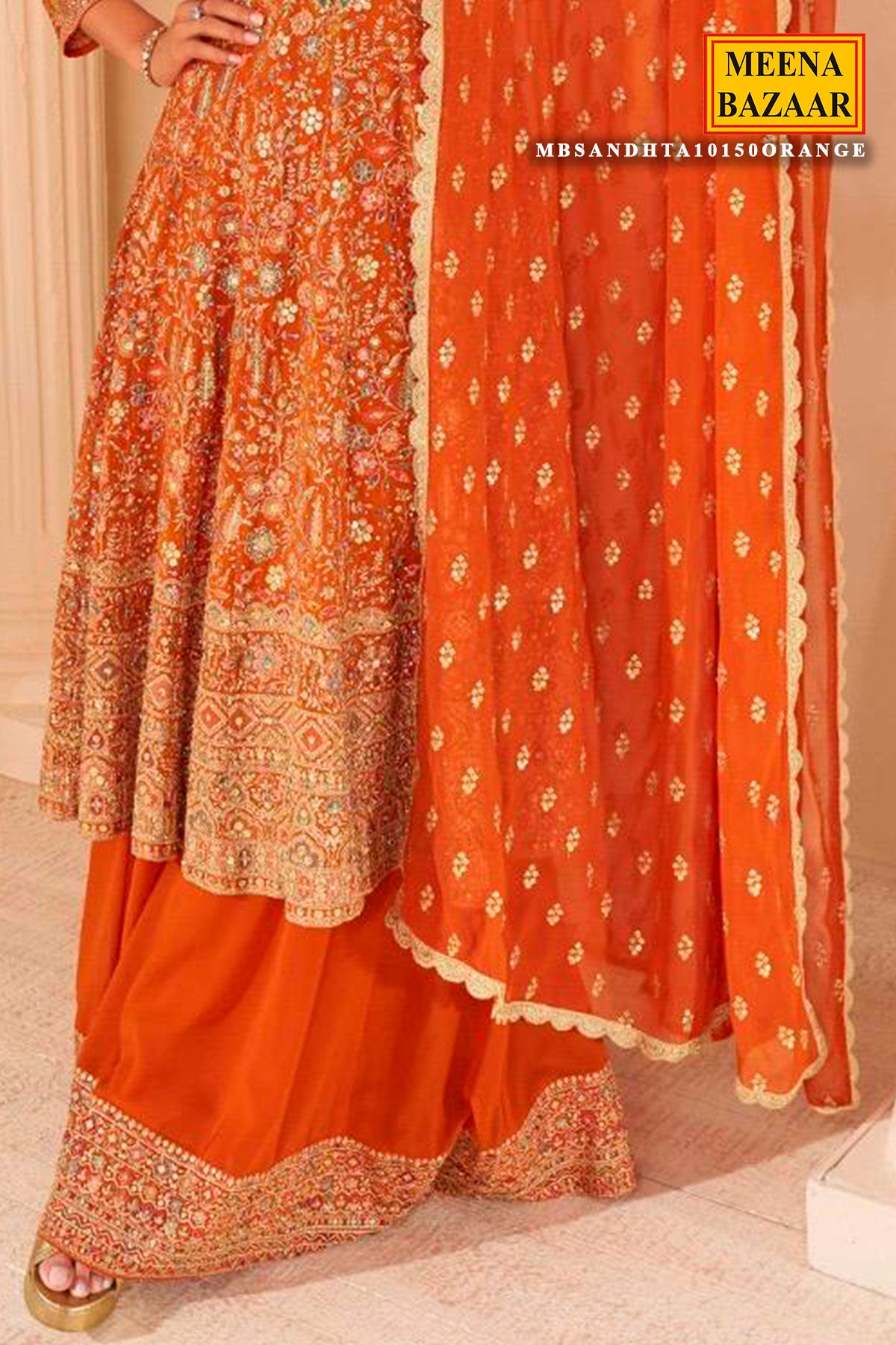 Orange Georgette Embroidered Ready Made Suit