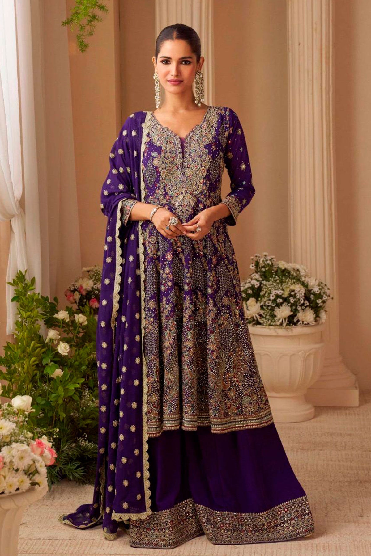 Purple Georgette Embroidered Ready Made Suit