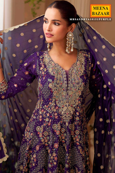 Purple Georgette Embroidered Ready Made Suit