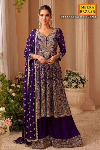 Purple Georgette Embroidered Ready Made Suit