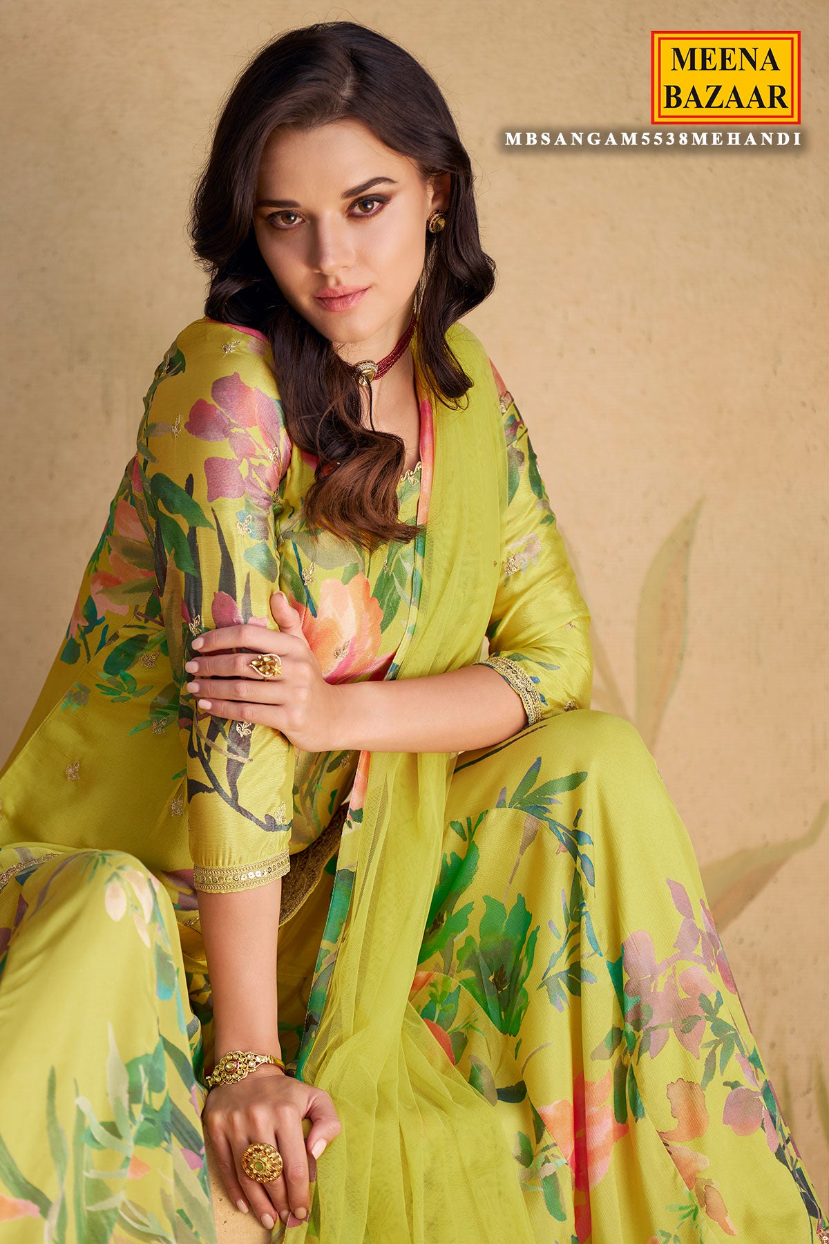 Mehandi Chinon Silk Floral Printed Zari Sequin Embroidered Suit