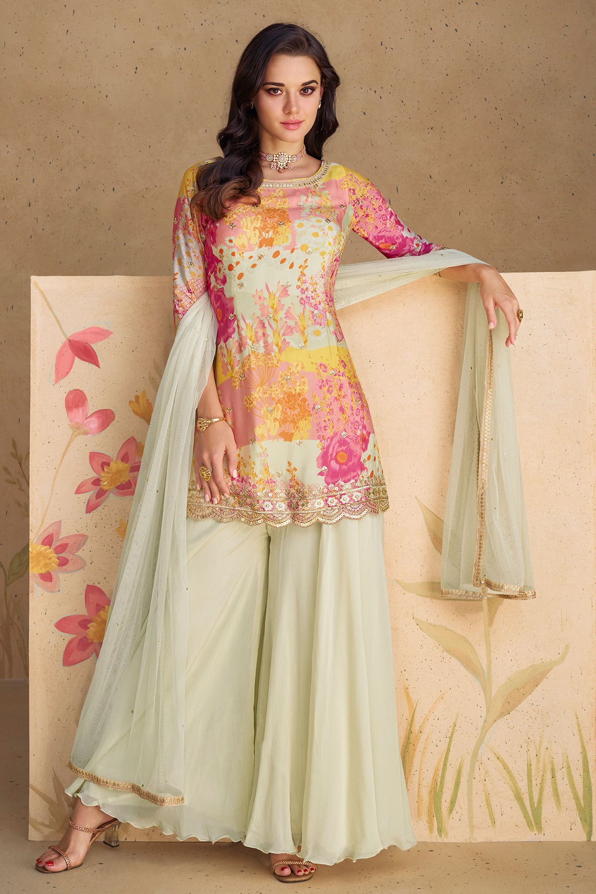 Cream & Pink Chinon Silk Floral Printed Zari Sequin Embroidered Suit