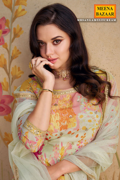 Cream & Pink Chinon Silk Floral Printed Zari Sequin Embroidered Suit