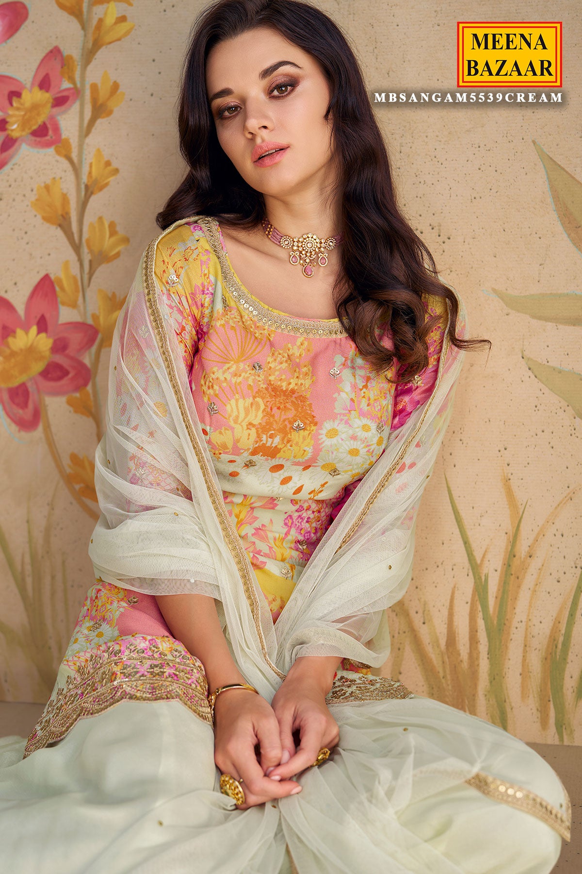 Cream & Pink Chinon Silk Floral Printed Zari Sequin Embroidered Suit