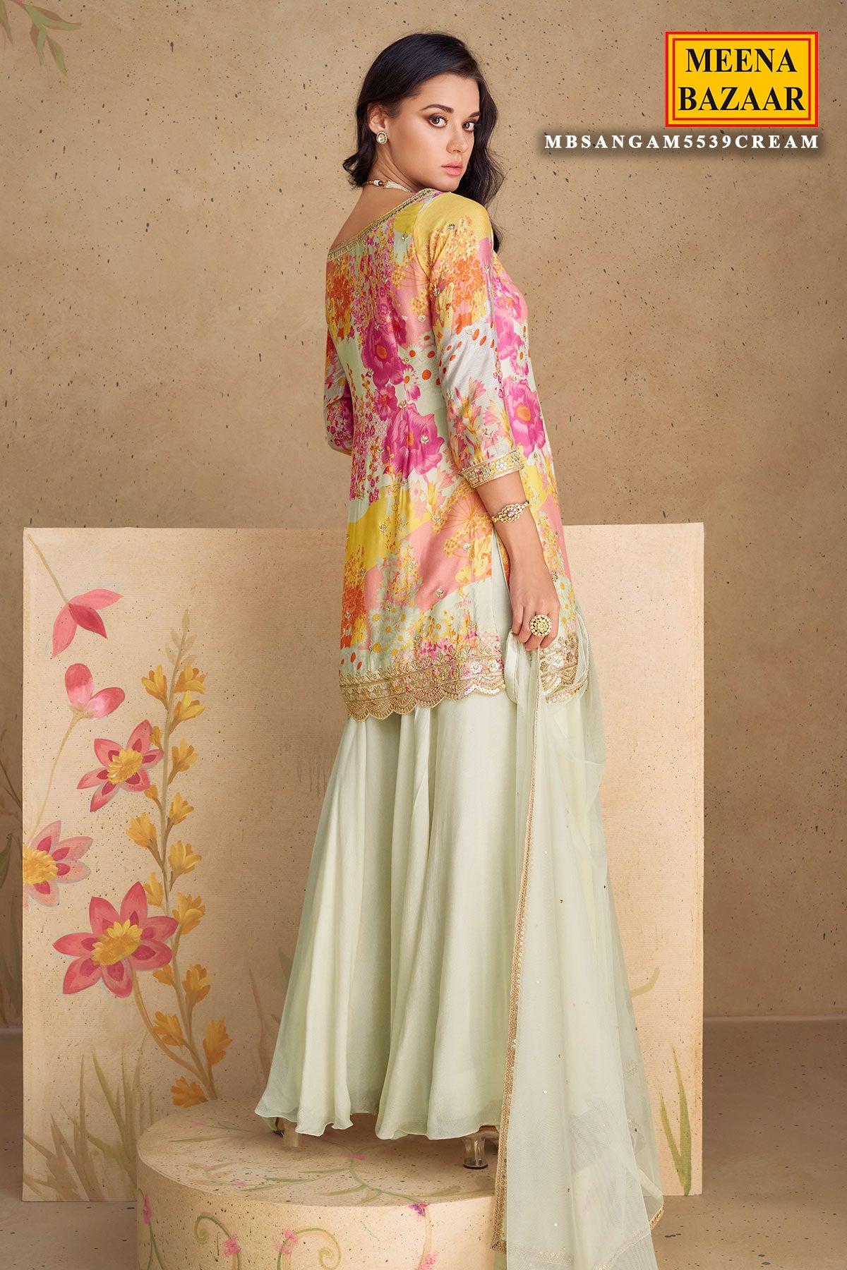 Cream & Pink Chinon Silk Floral Printed Zari Sequin Embroidered Suit