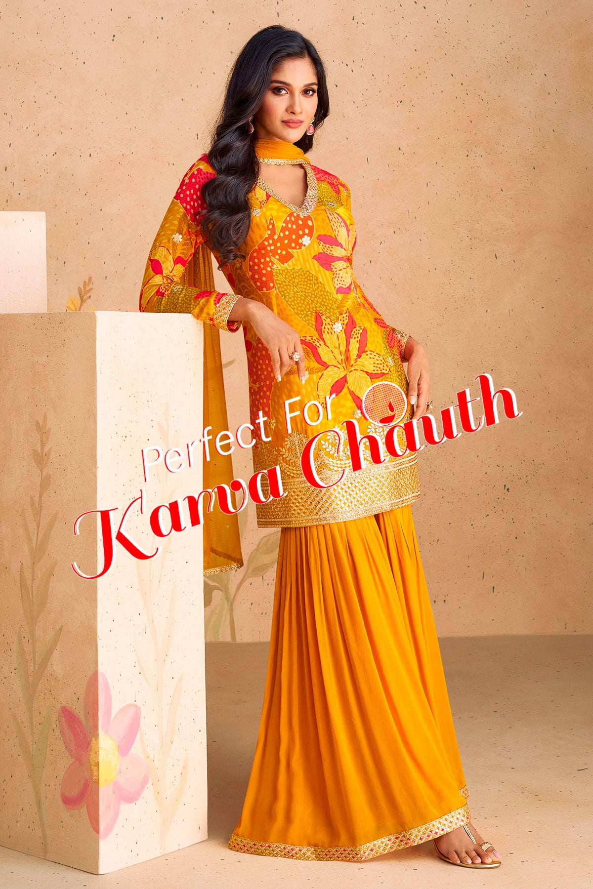 Mustard Chinon Silk Floral Printed Zari Sequin Embroidered Suit