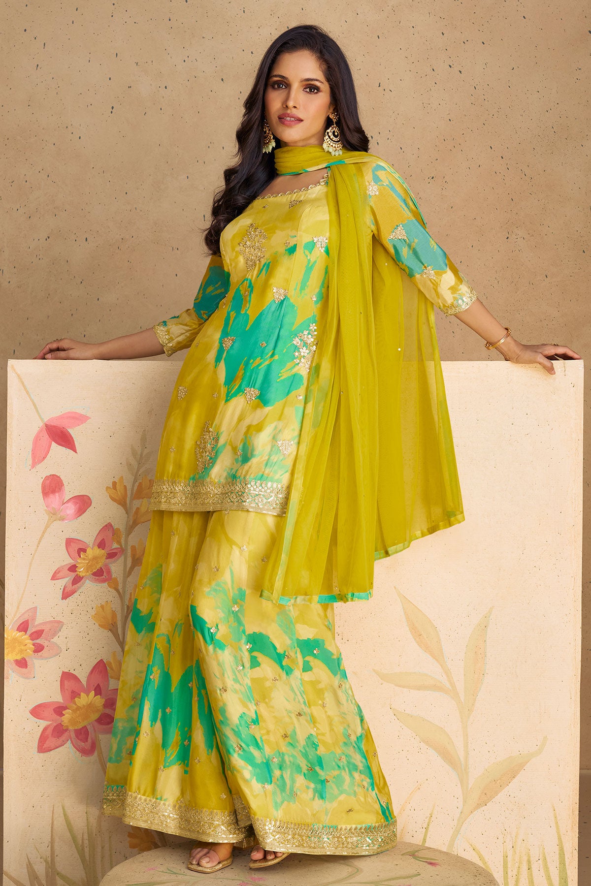 Lime Green Chinon Silk Floral Printed Zari Sequin Embroidered Suit