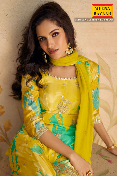 Lime Green Chinon Silk Floral Printed Zari Sequin Embroidered Suit