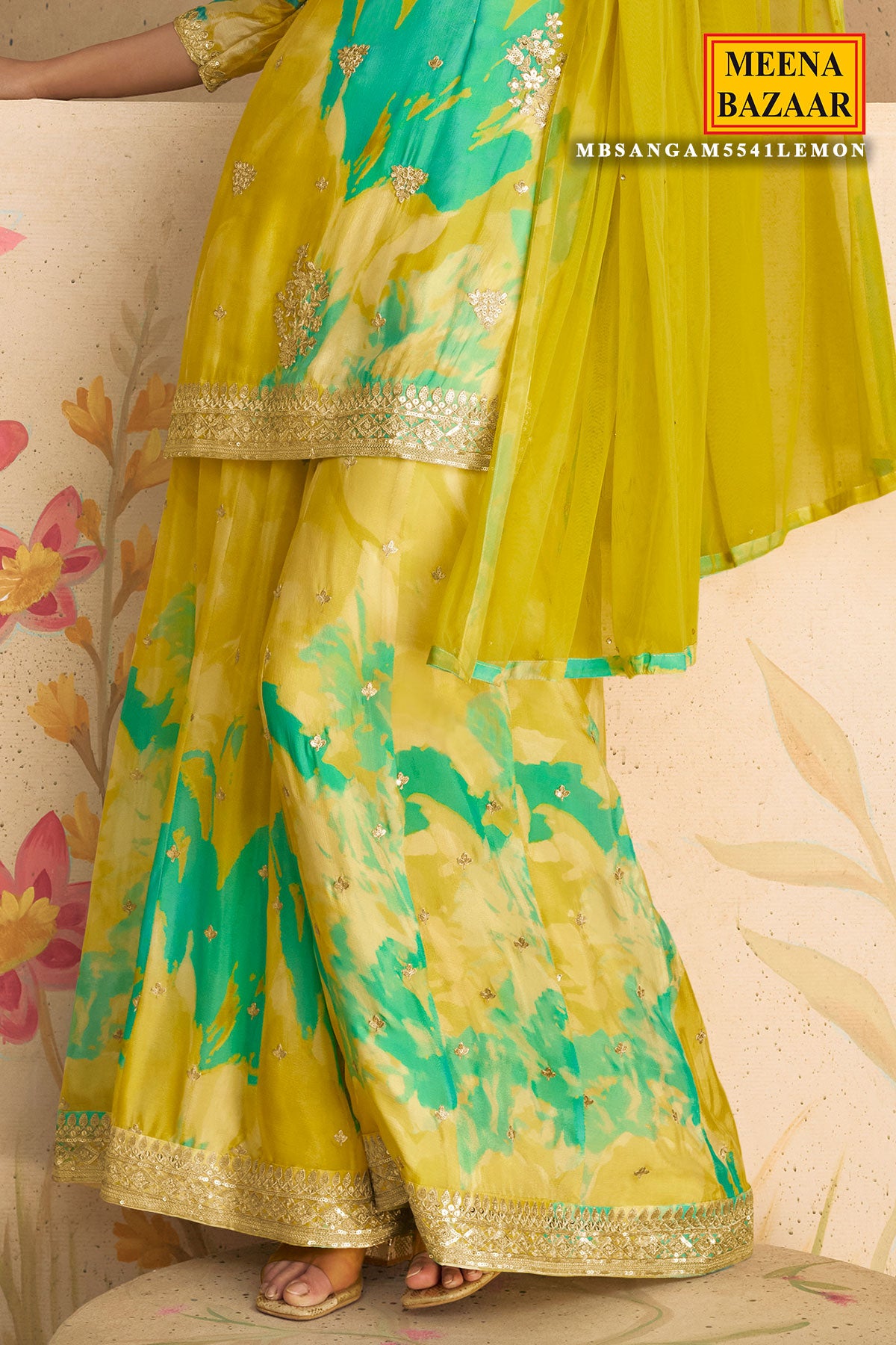 Lime Green Chinon Silk Floral Printed Zari Sequin Embroidered Suit