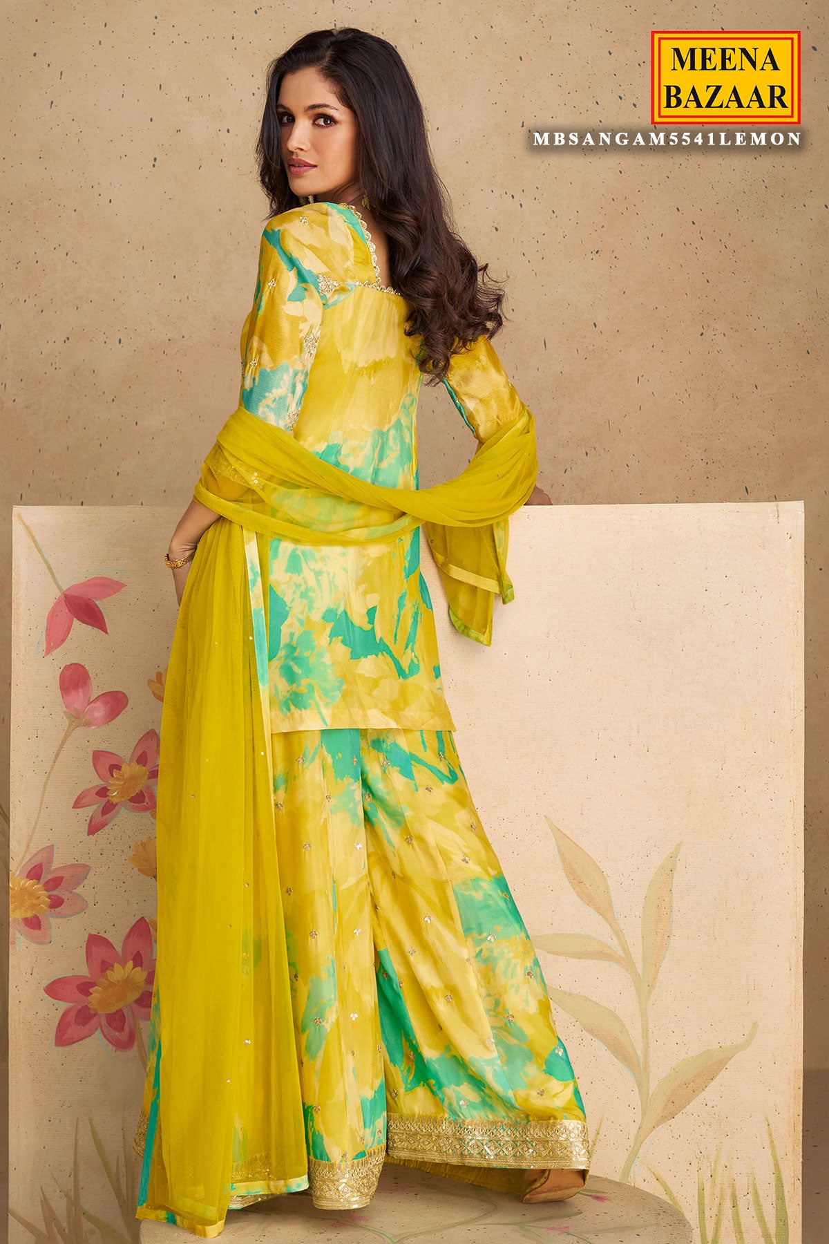 Lime Green Chinon Silk Floral Printed Zari Sequin Embroidered Suit