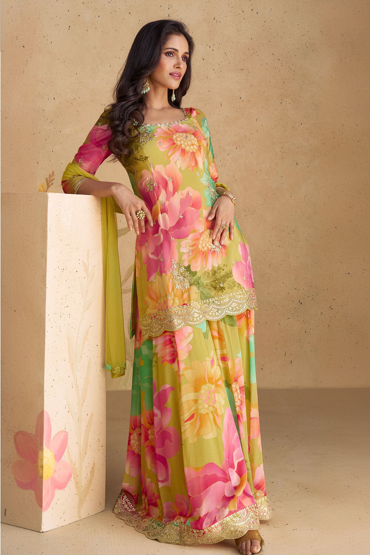 Multi-Colourd Chinon Silk Floral Printed Zari Sequin Embroidered Suit