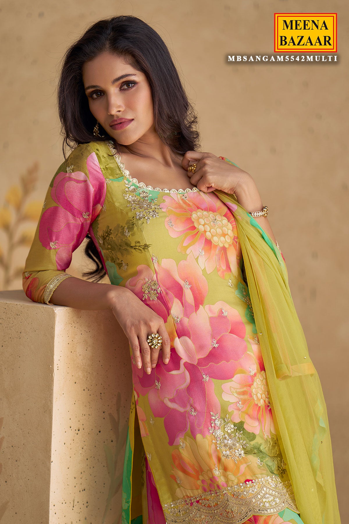 Multi-Colourd Chinon Silk Floral Printed Zari Sequin Embroidered Suit