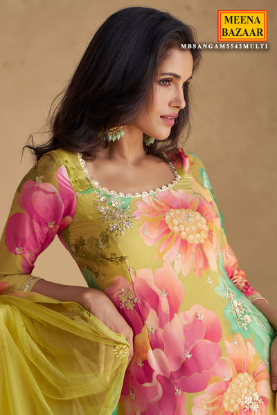 Multi-Colourd Chinon Silk Floral Printed Zari Sequin Embroidered Suit