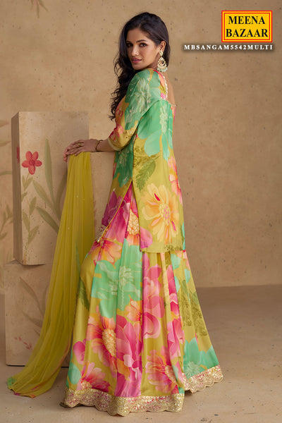 Multi-Colourd Chinon Silk Floral Printed Zari Sequin Embroidered Suit