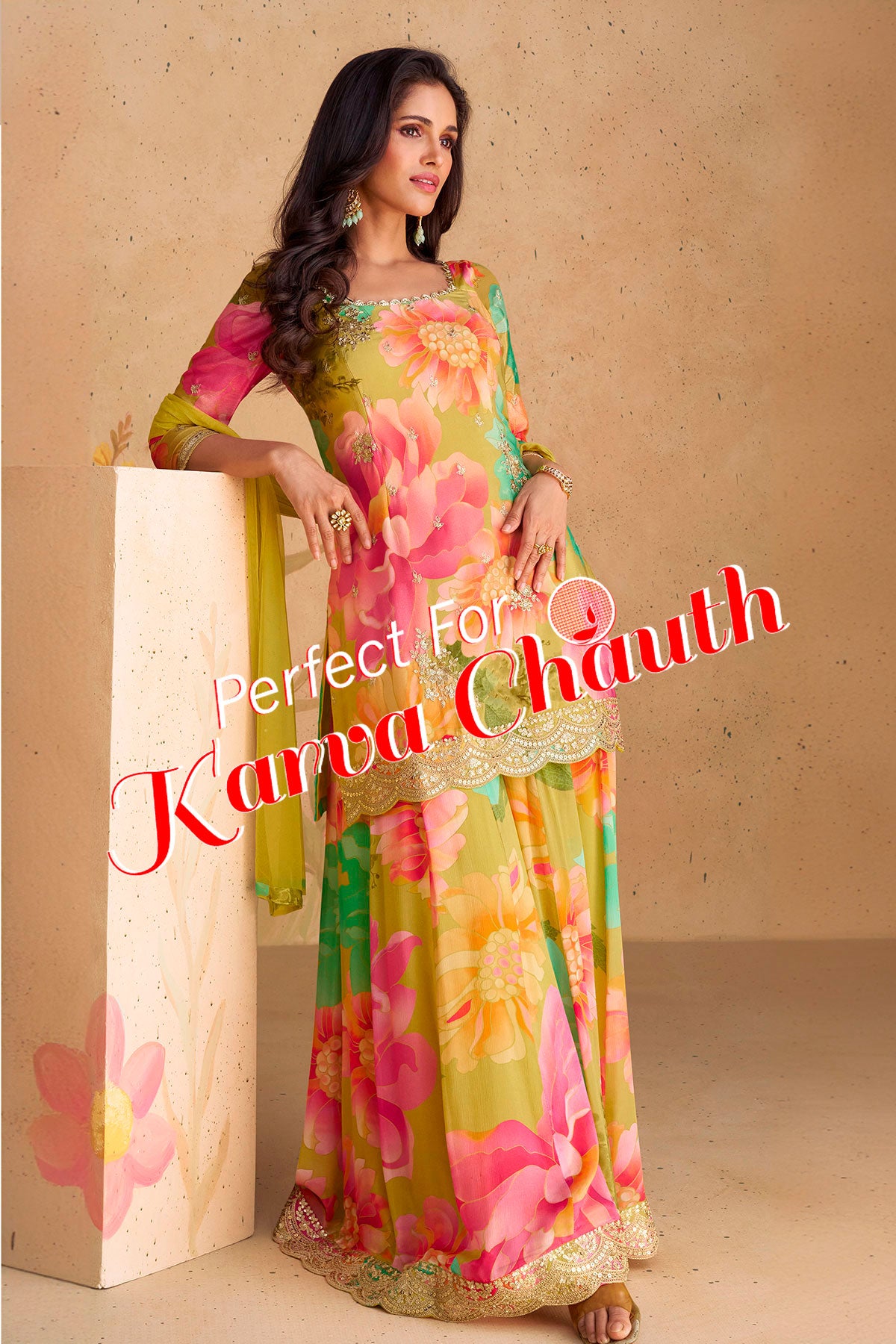 Multi-Colourd Chinon Silk Floral Printed Zari Sequin Embroidered Suit