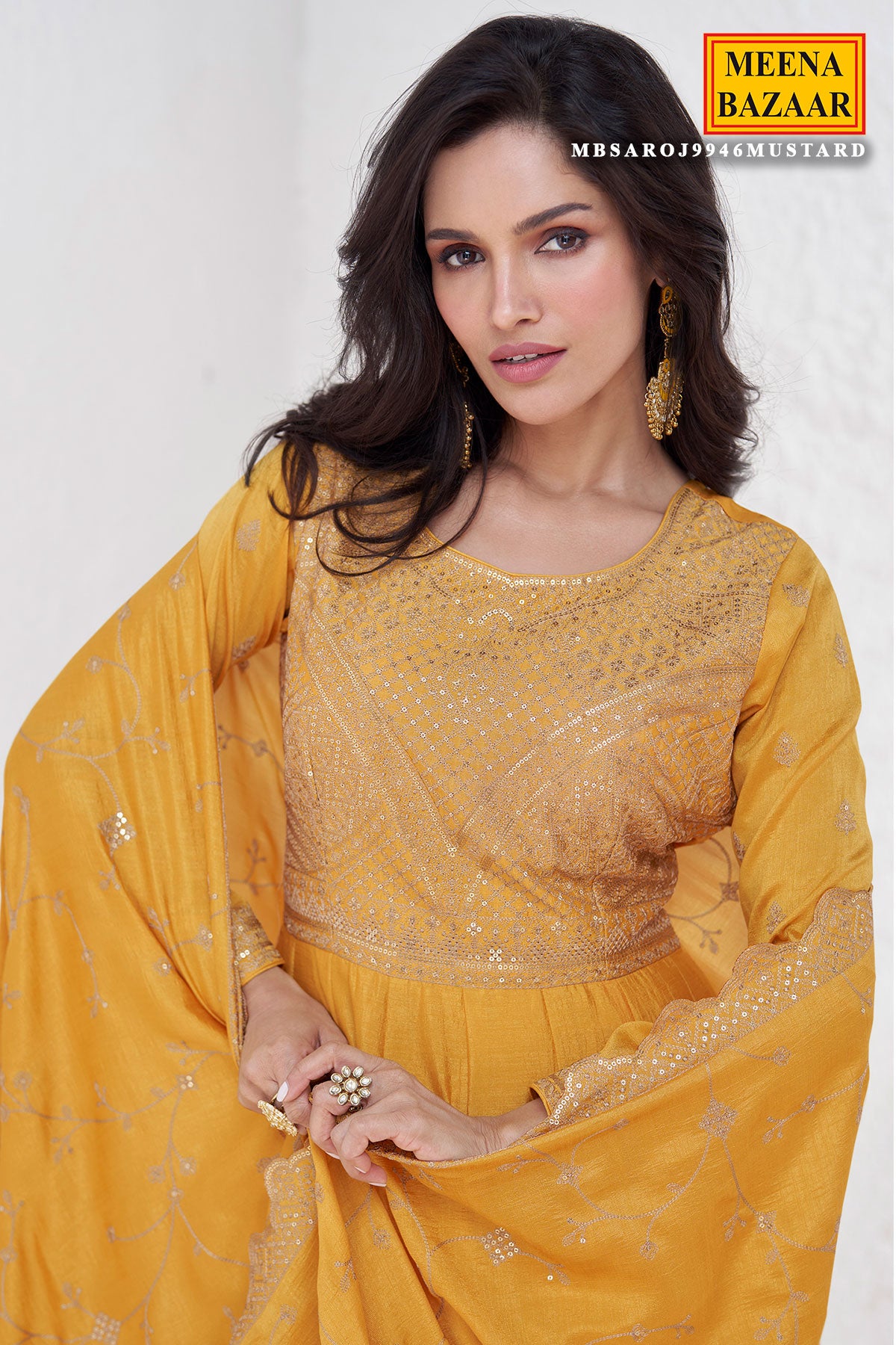 Mustard Silk Embroidered Anarkali Gown With Dupatta