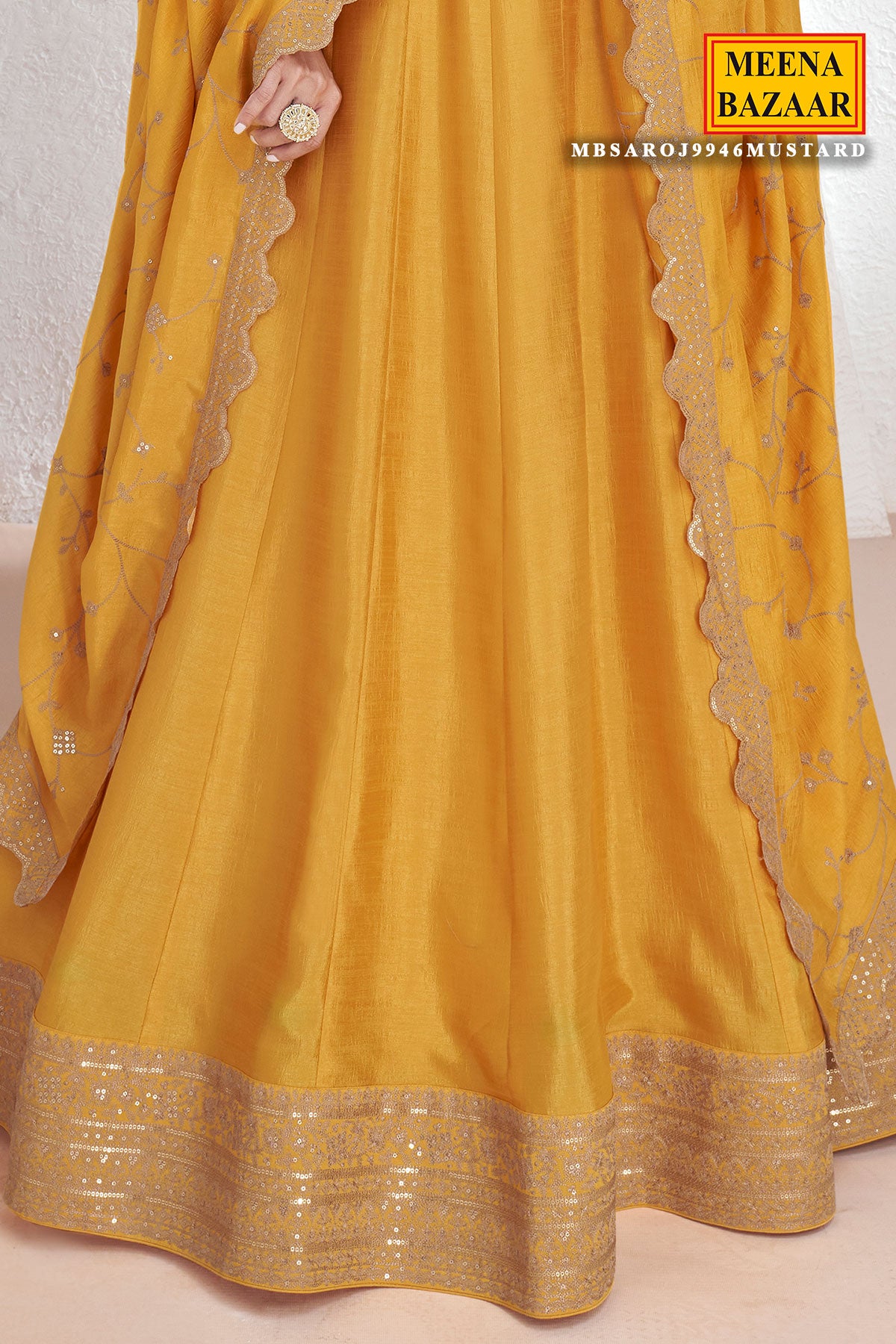 Mustard Silk Embroidered Anarkali Gown With Dupatta