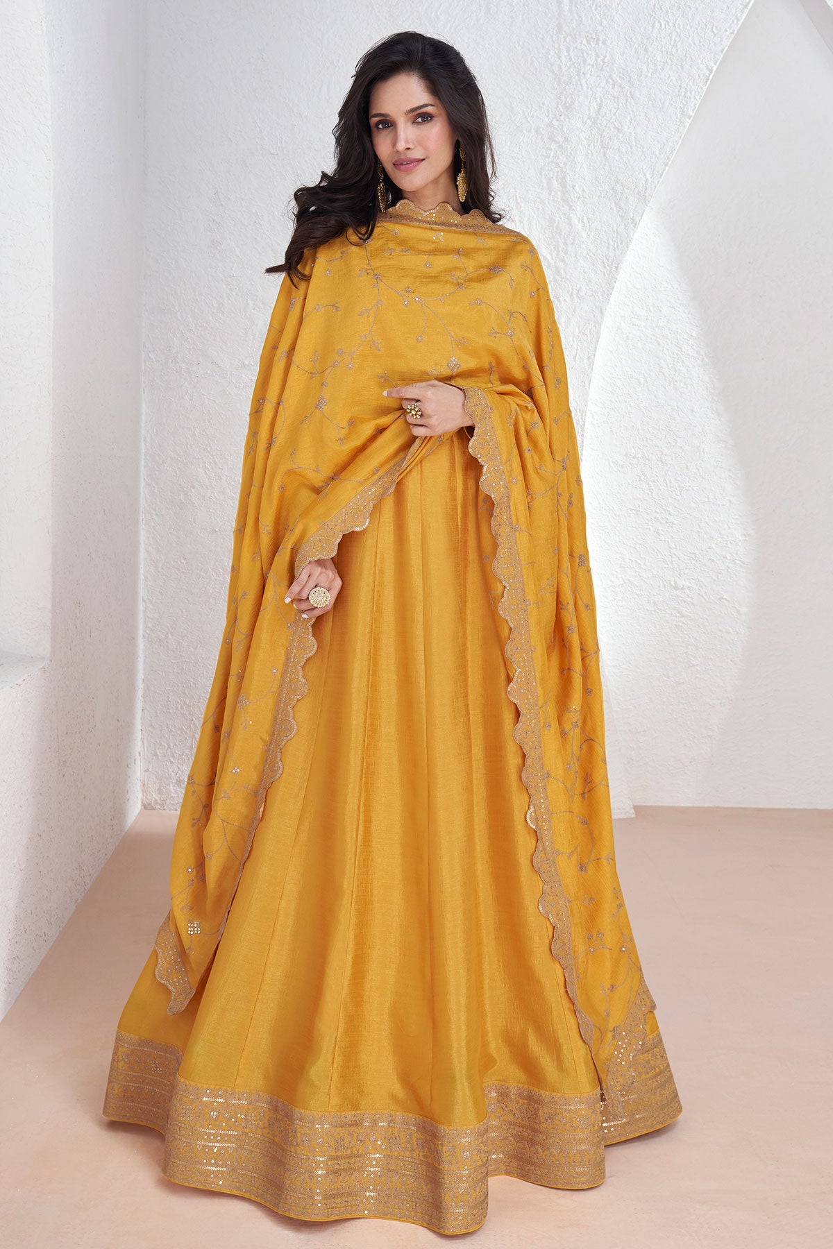 Mustard Silk Embroidered Anarkali Gown With Dupatta