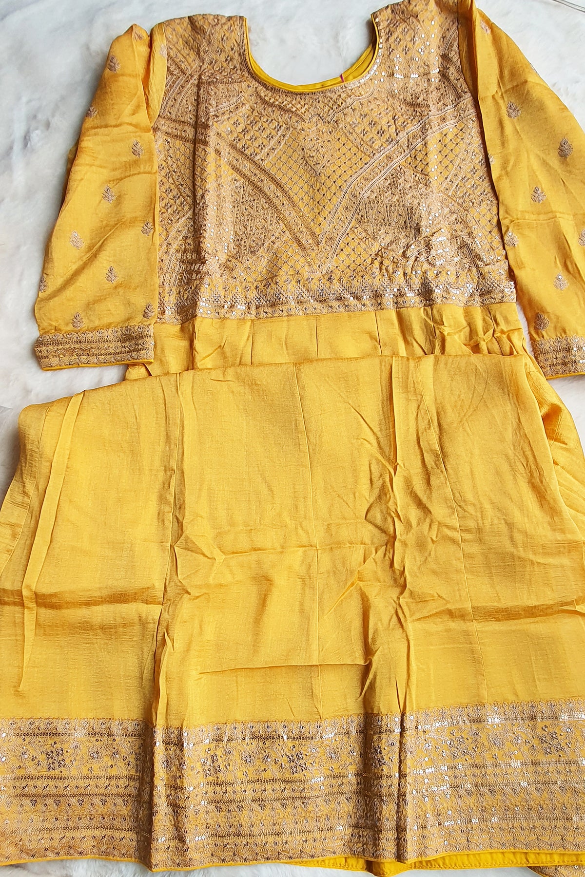 Mustard Silk Embroidered Anarkali Gown With Dupatta