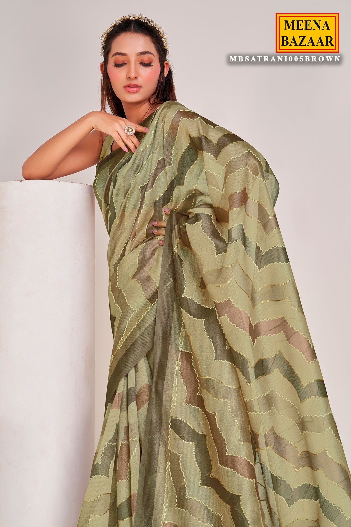 Tussar-Brown Kora Cotton Printed Sequins Saree