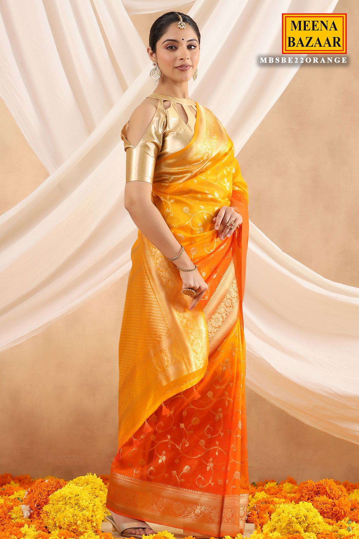 Orange Ombre Kora Woven Saree