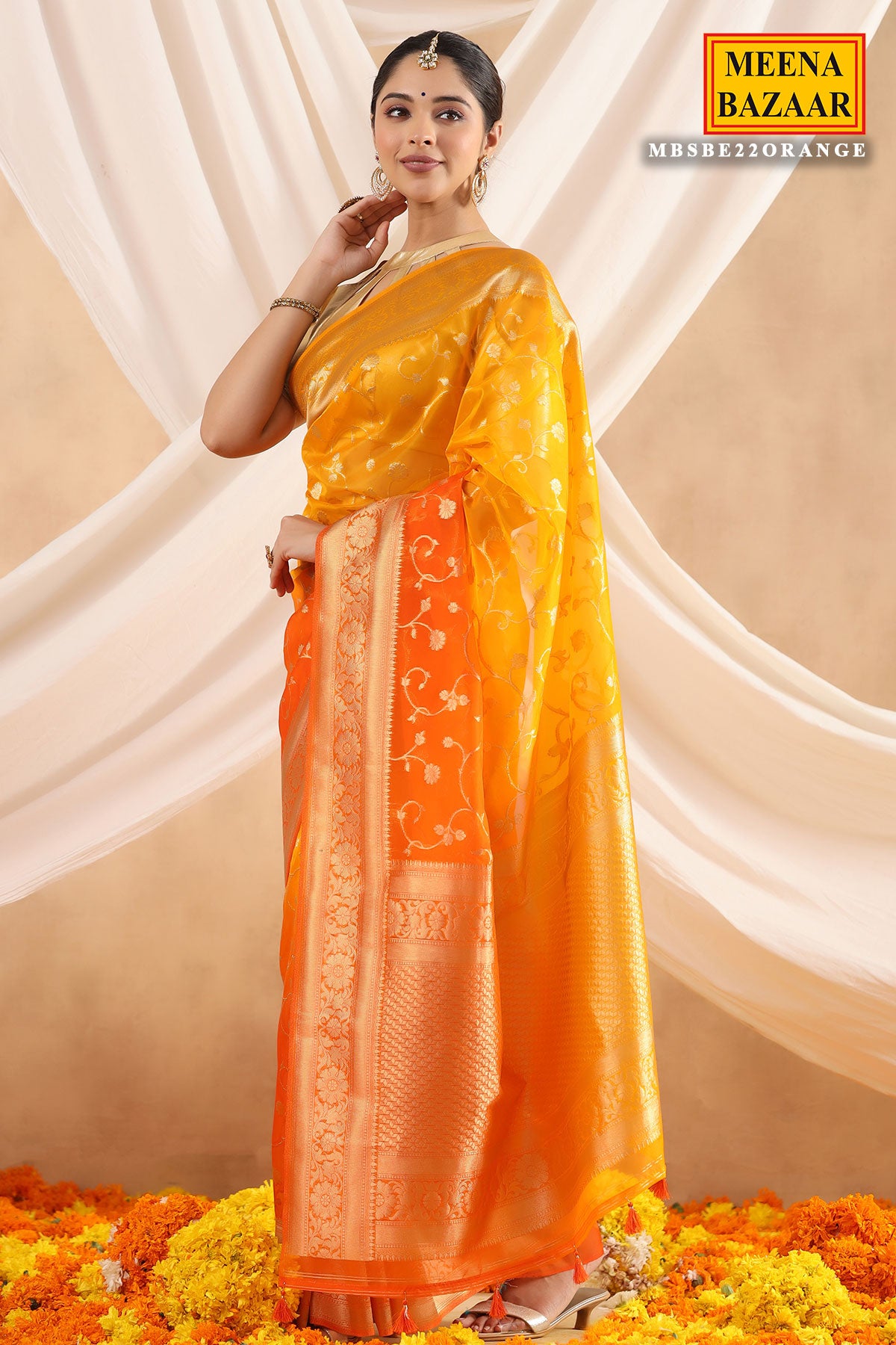 Orange Ombre Kora Woven Saree