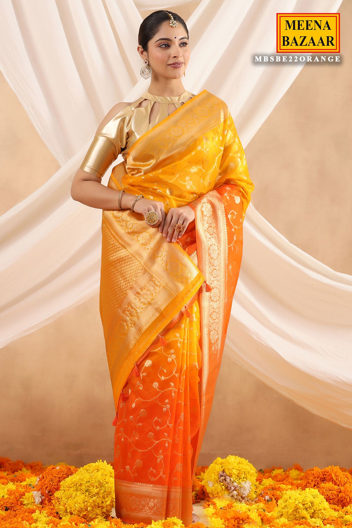 Orange Ombre Kora Woven Saree