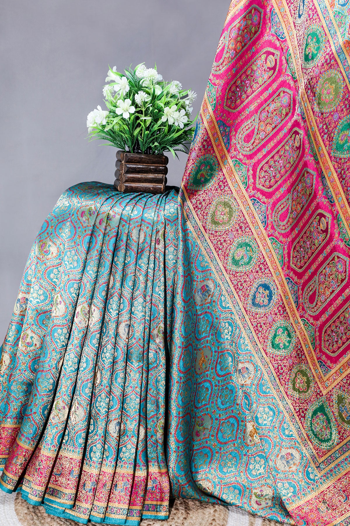 Firozi Silk Weaving Saree Traditional Festive Wear