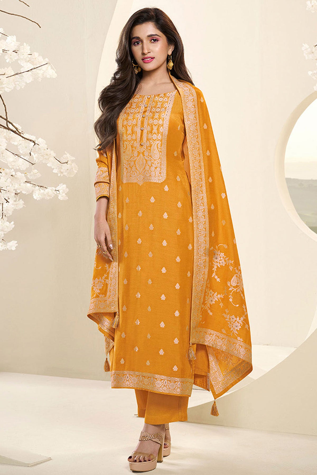 Mustard Jacquard Dola Silk Straight Pant Suit Set