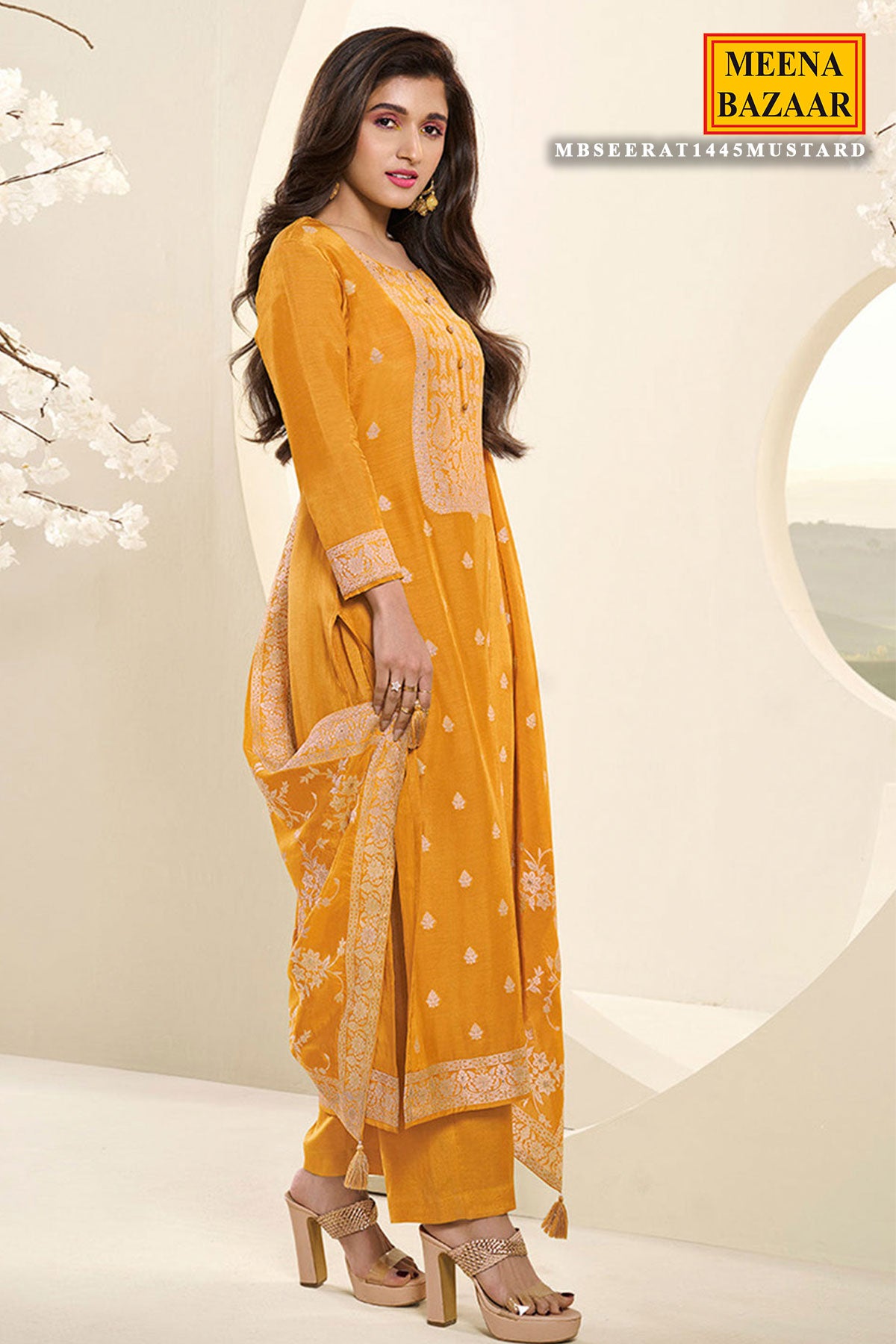 Mustard Jacquard Dola Silk Straight Pant Suit Set