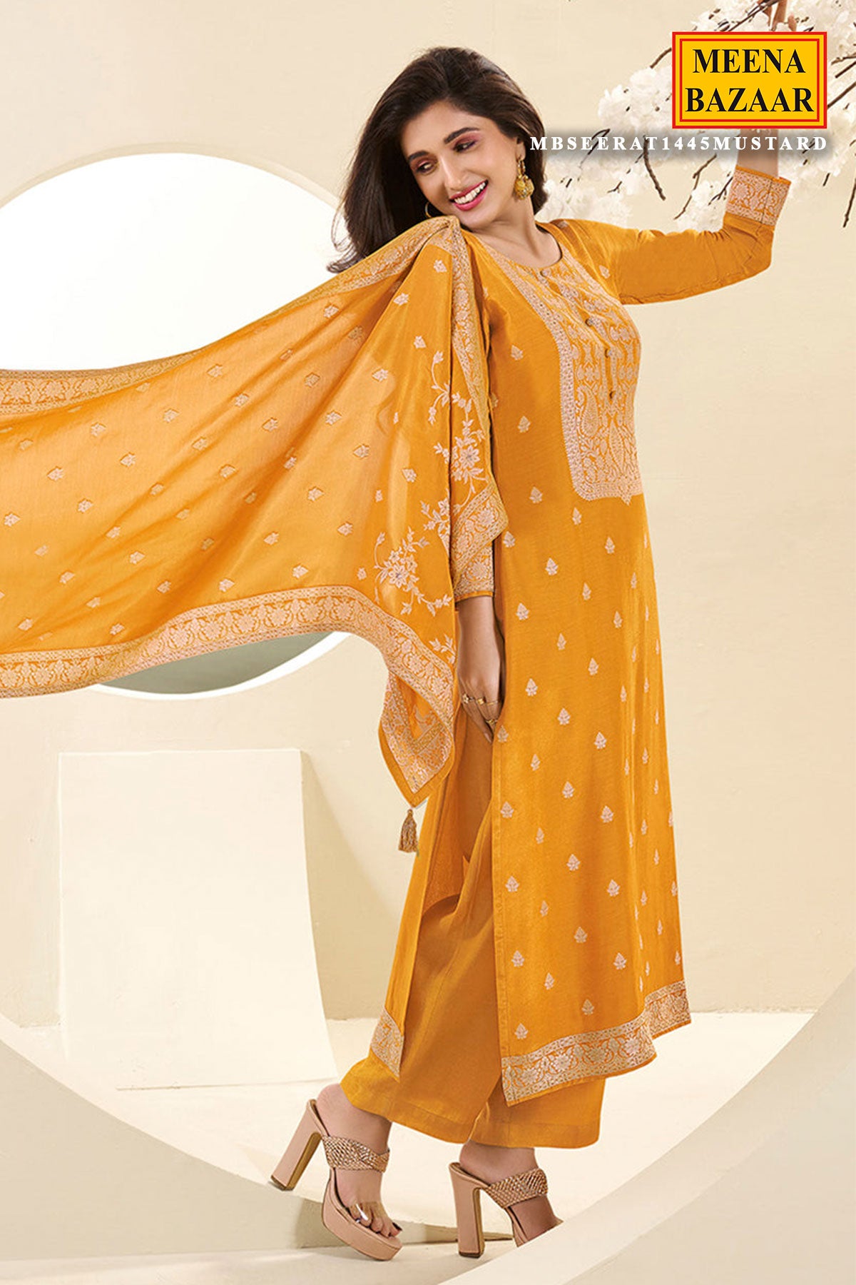 Mustard Jacquard Dola Silk Straight Pant Suit Set