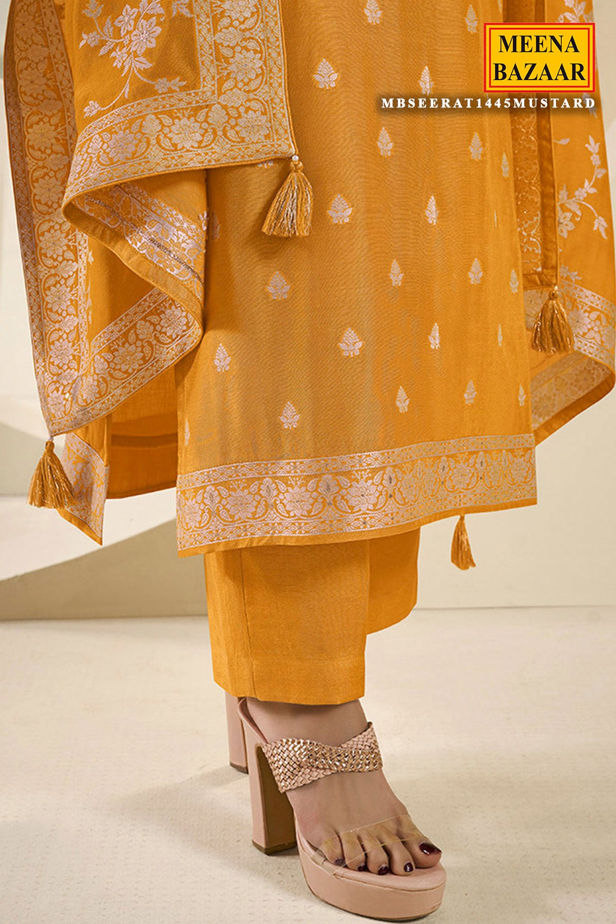 Mustard Jacquard Dola Silk Straight Pant Suit Set