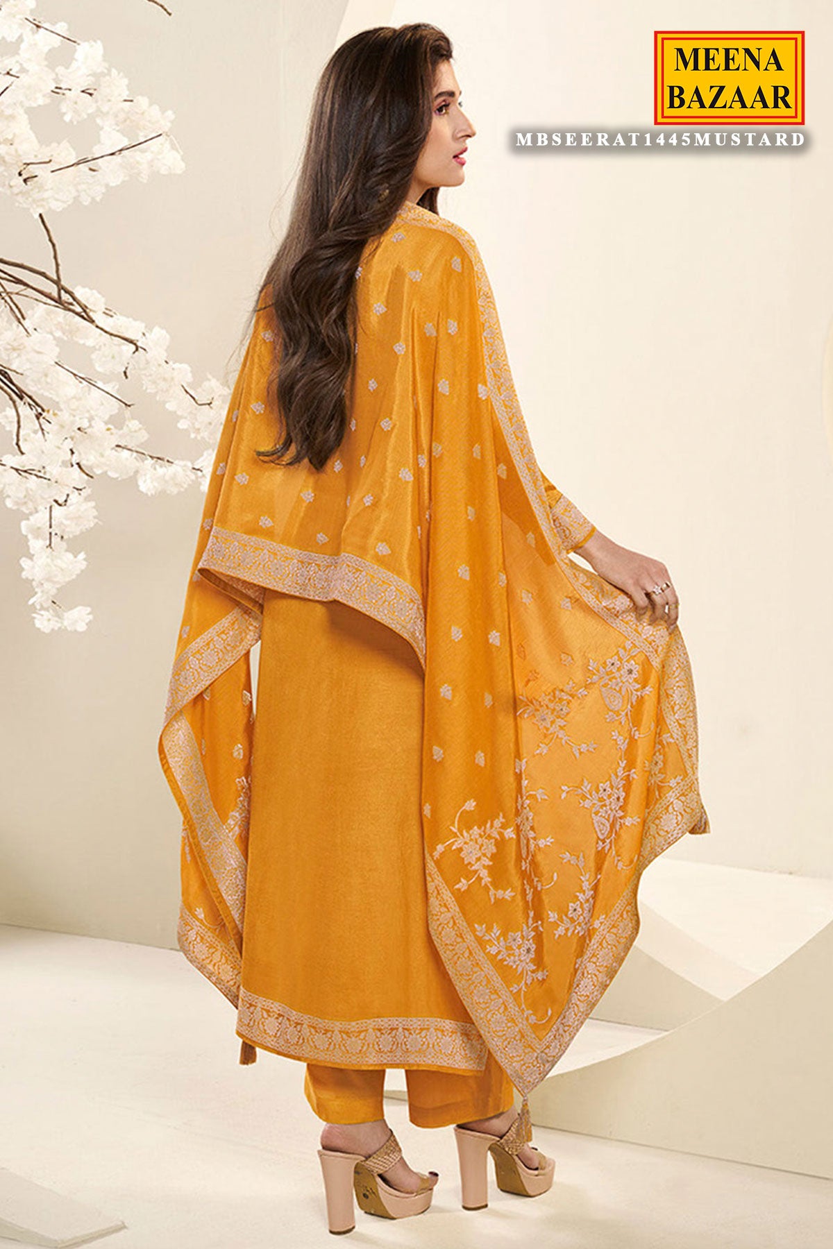 Mustard Jacquard Dola Silk Straight Pant Suit Set