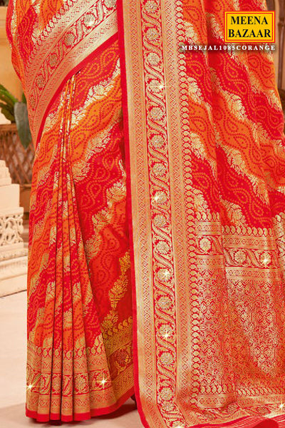 Orange Blended Silk Bandhani Printed Zari Woven Saree