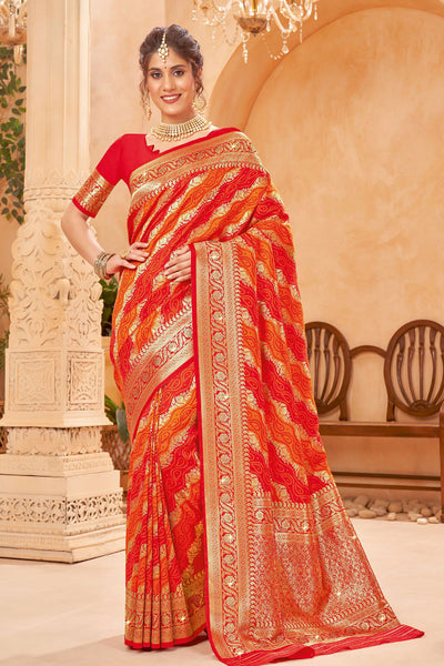 Orange Blended Silk Bandhani Printed Zari Woven Saree