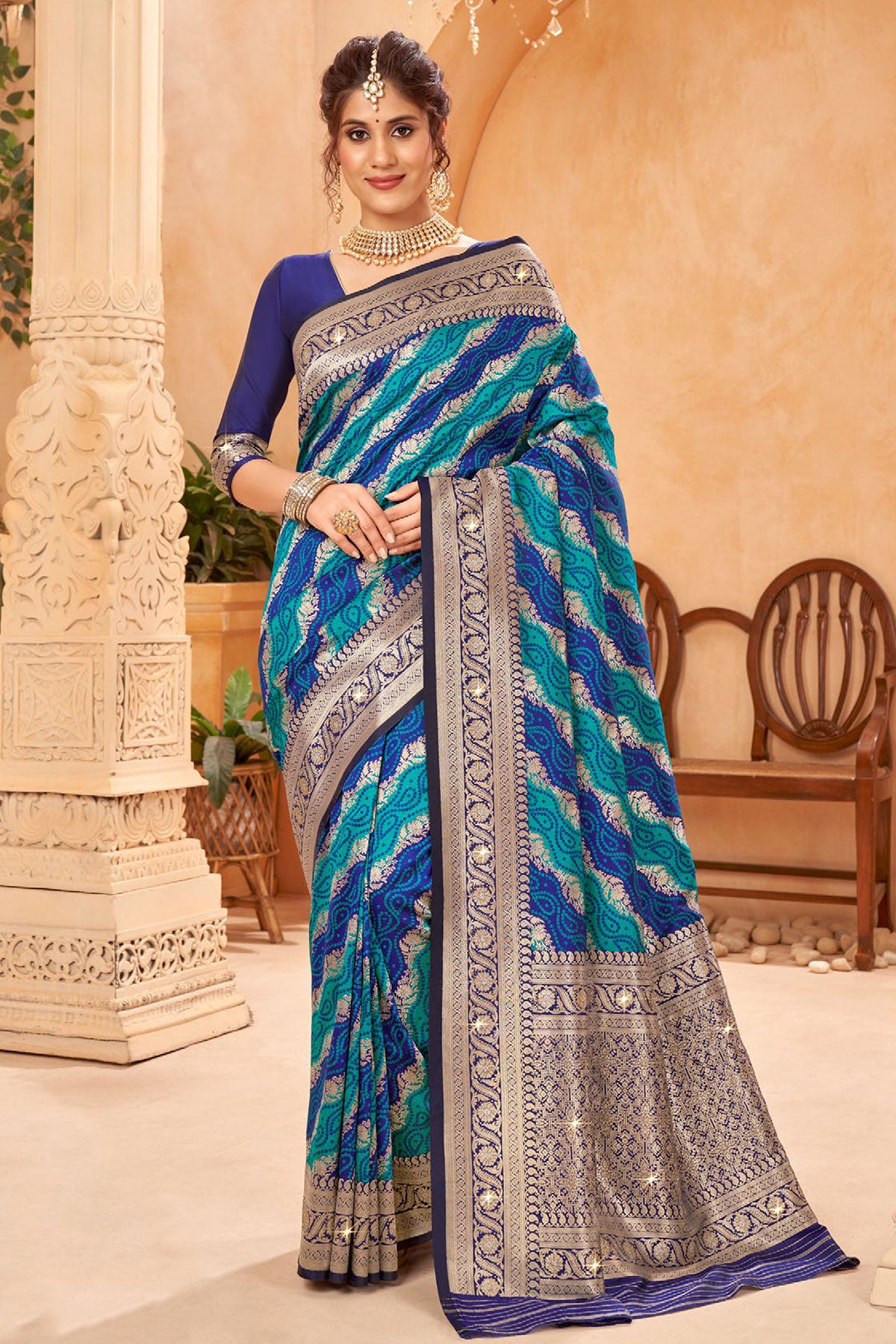 Navy Blended Silk Bandhani Printed Zari Woven Saree