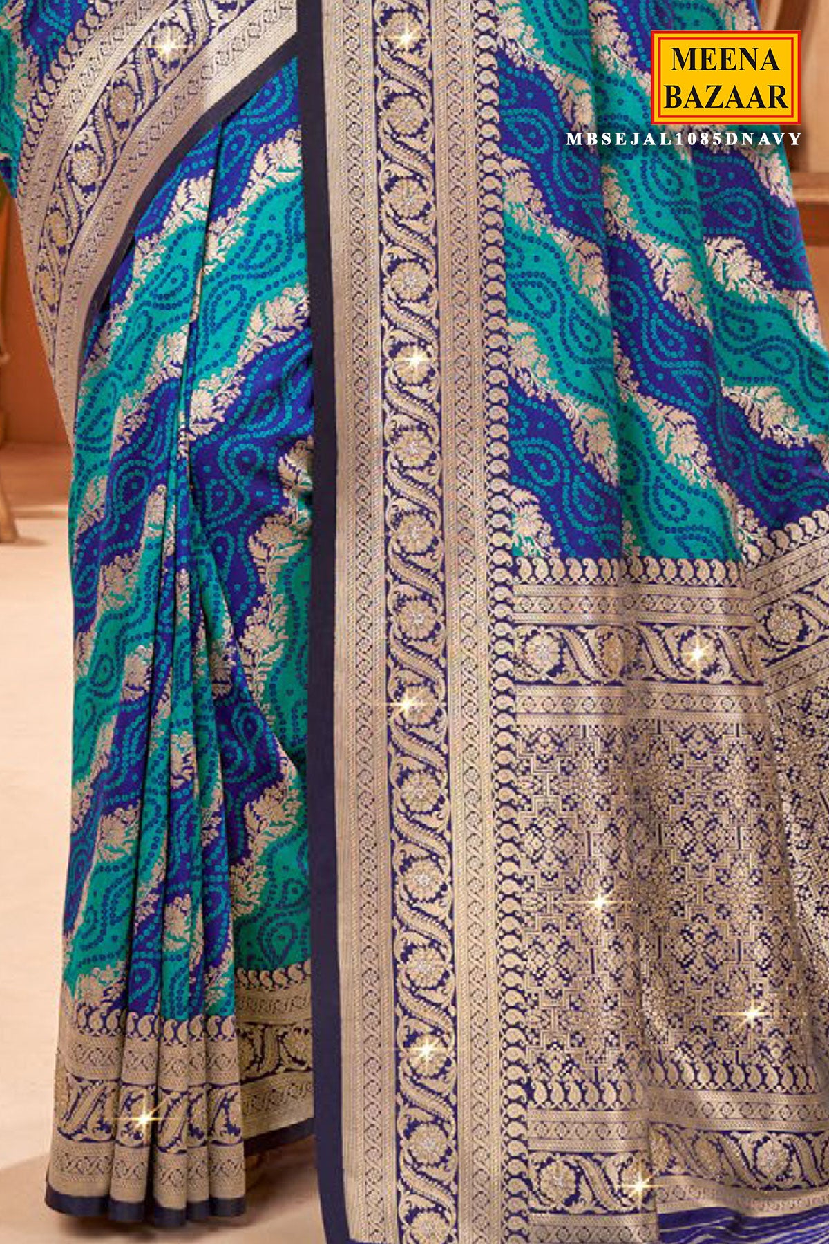 Navy Blended Silk Bandhani Printed Zari Woven Saree