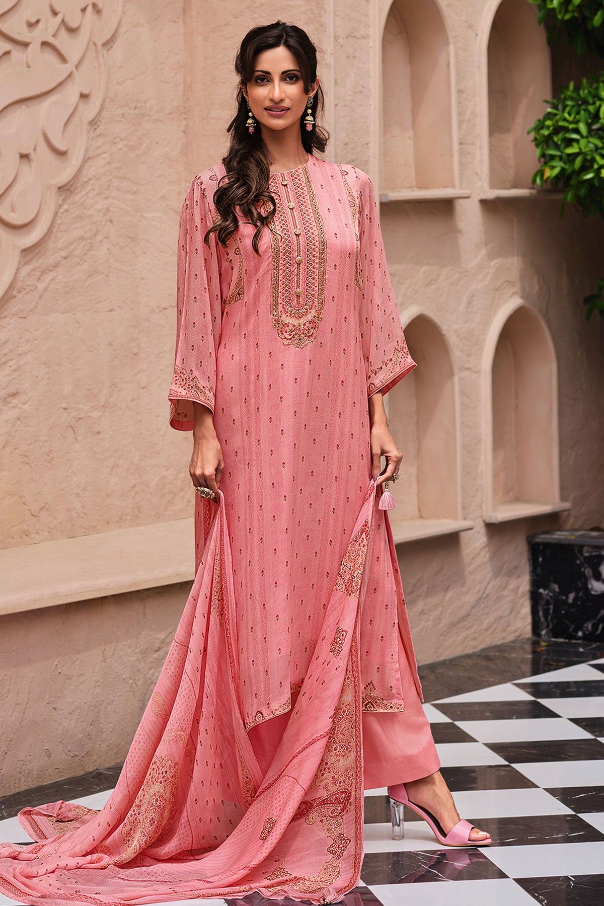 Pink Chinon Printed Cut-Dana Embroidered Unstitched Suit Set