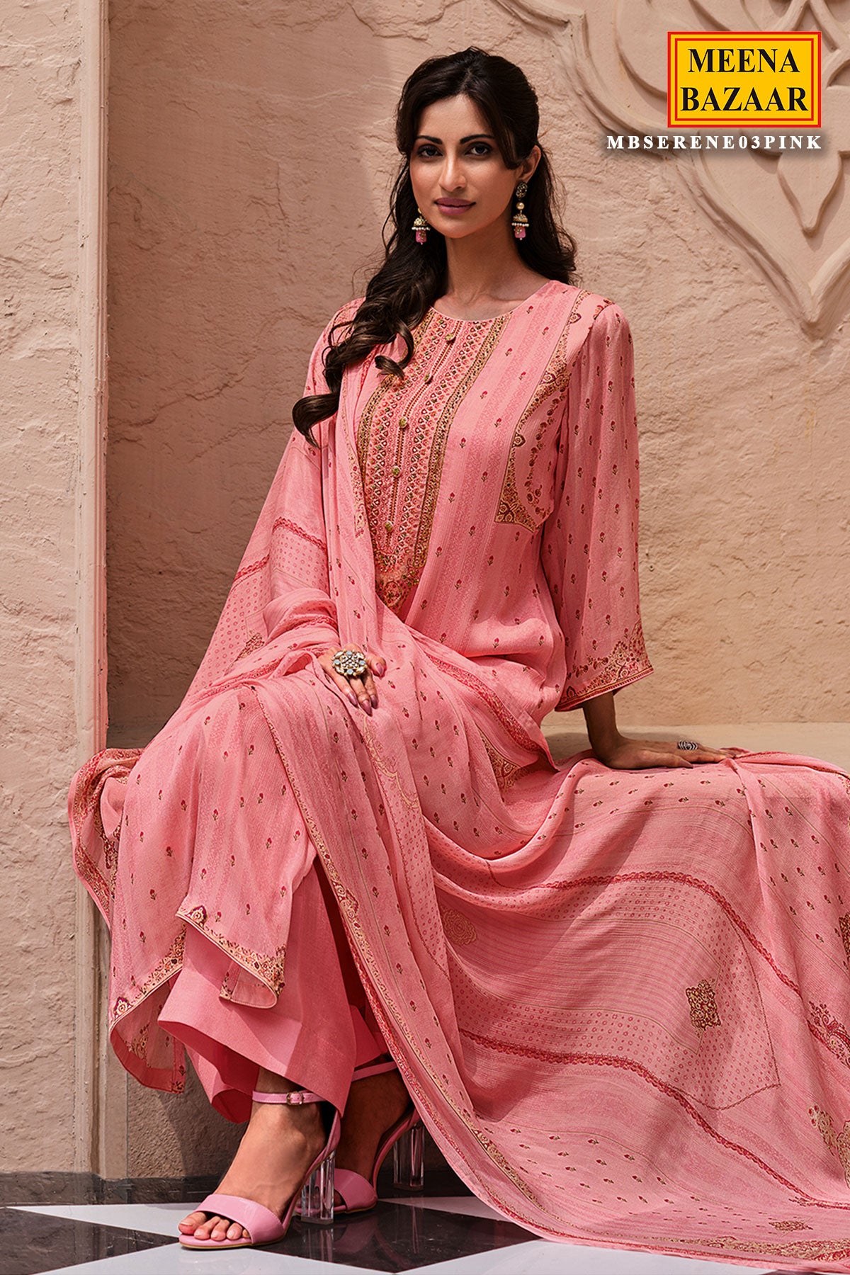 Pink Chinon Printed Cut-Dana Embroidered Unstitched Suit Set