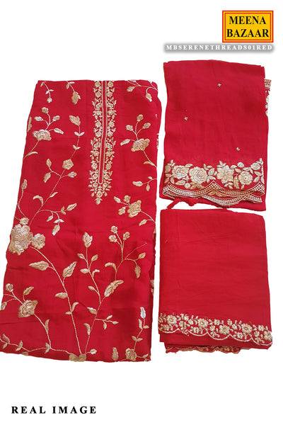 Red Modal Silk Floral Threadwork and Zari Embroidered Suit Set