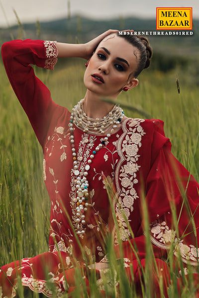 Red Modal Silk Floral Threadwork and Zari Embroidered Suit Set