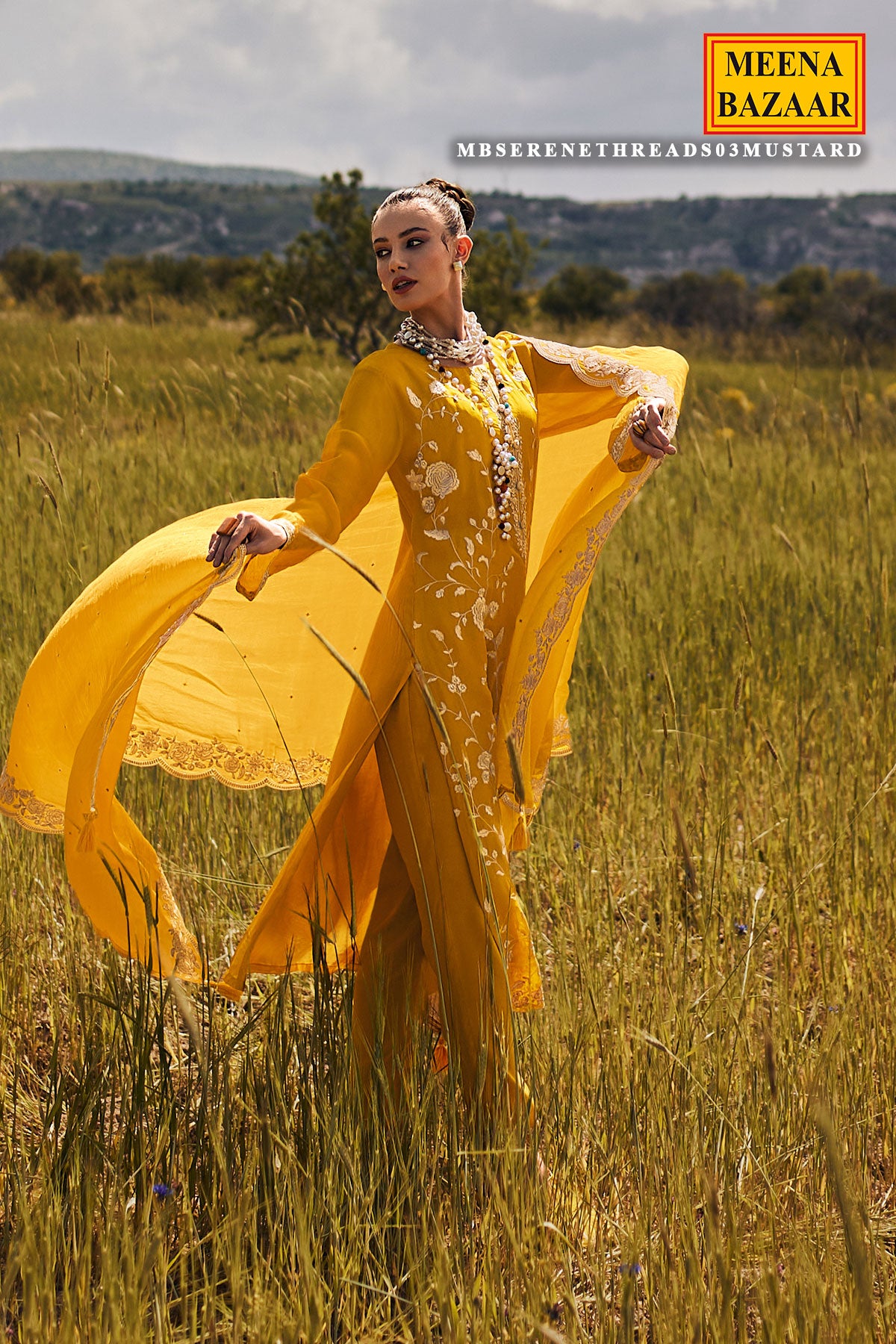 Mustard Modal Silk Floral Threadwork and Zari Embroidered Suit Set
