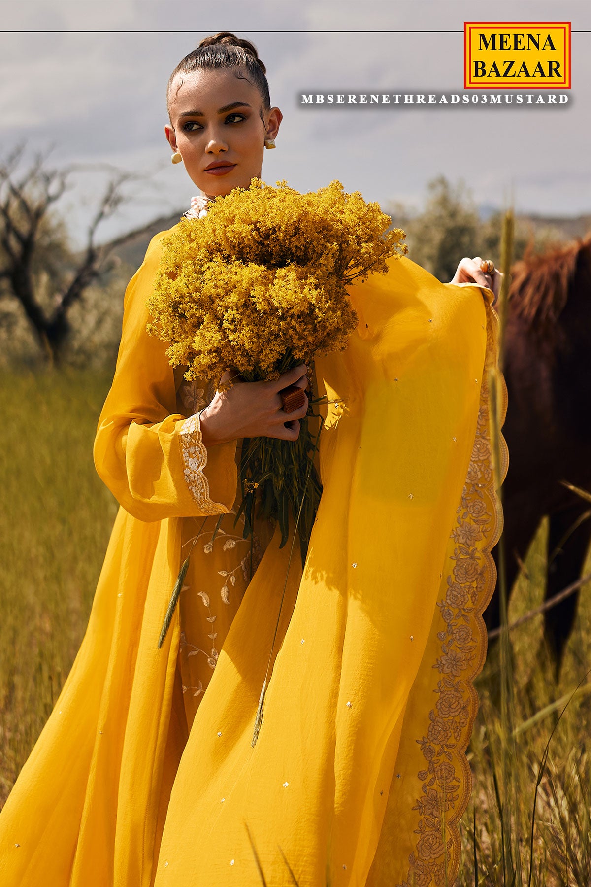 Mustard Modal Silk Floral Threadwork and Zari Embroidered Suit Set