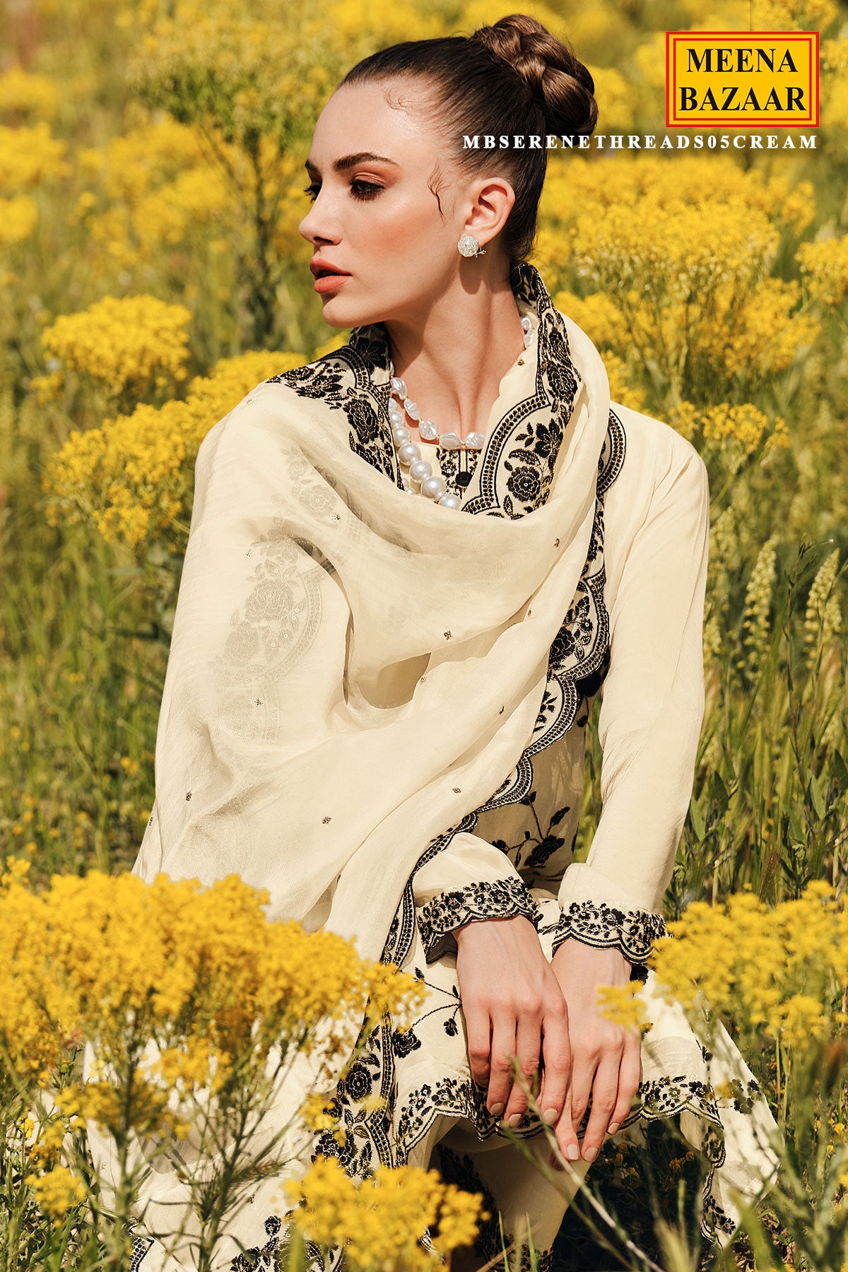 Cream Modal Silk Floral Threadwork and Zari Embroidered Suit Set