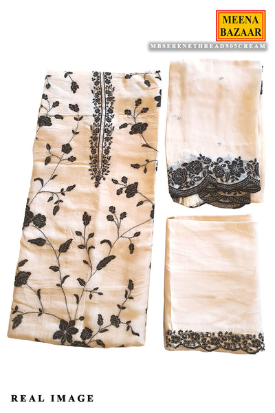 Cream Modal Silk Floral Threadwork and Zari Embroidered Suit Set