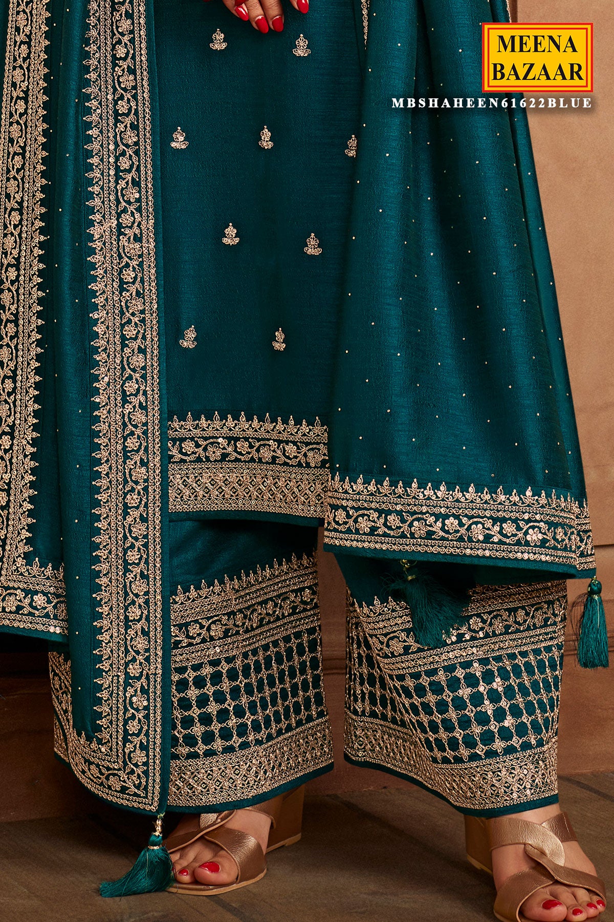 Blue Silk Zari Embroidered Suit Set