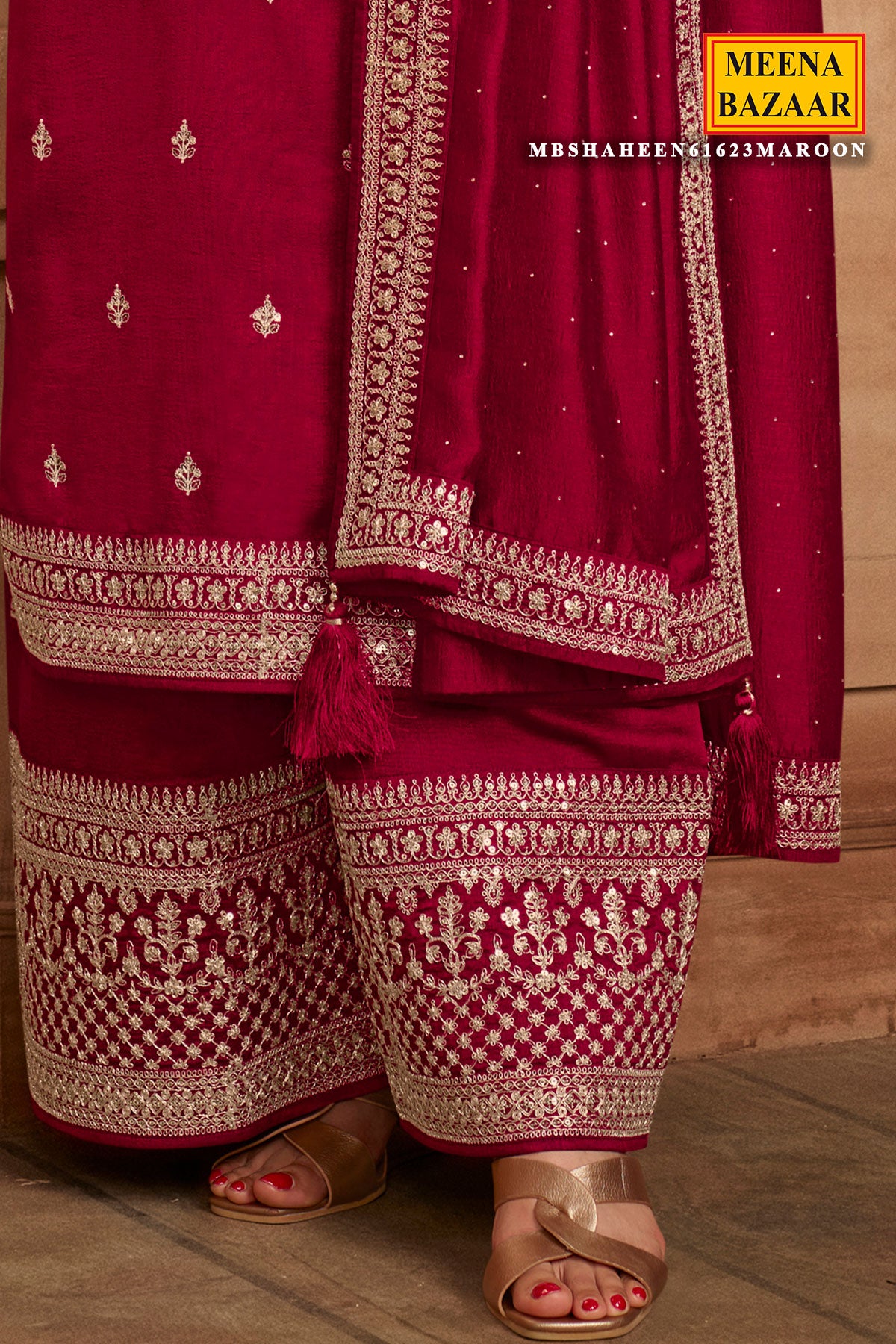 Maroon Silk Zari Embroidered Suit Set