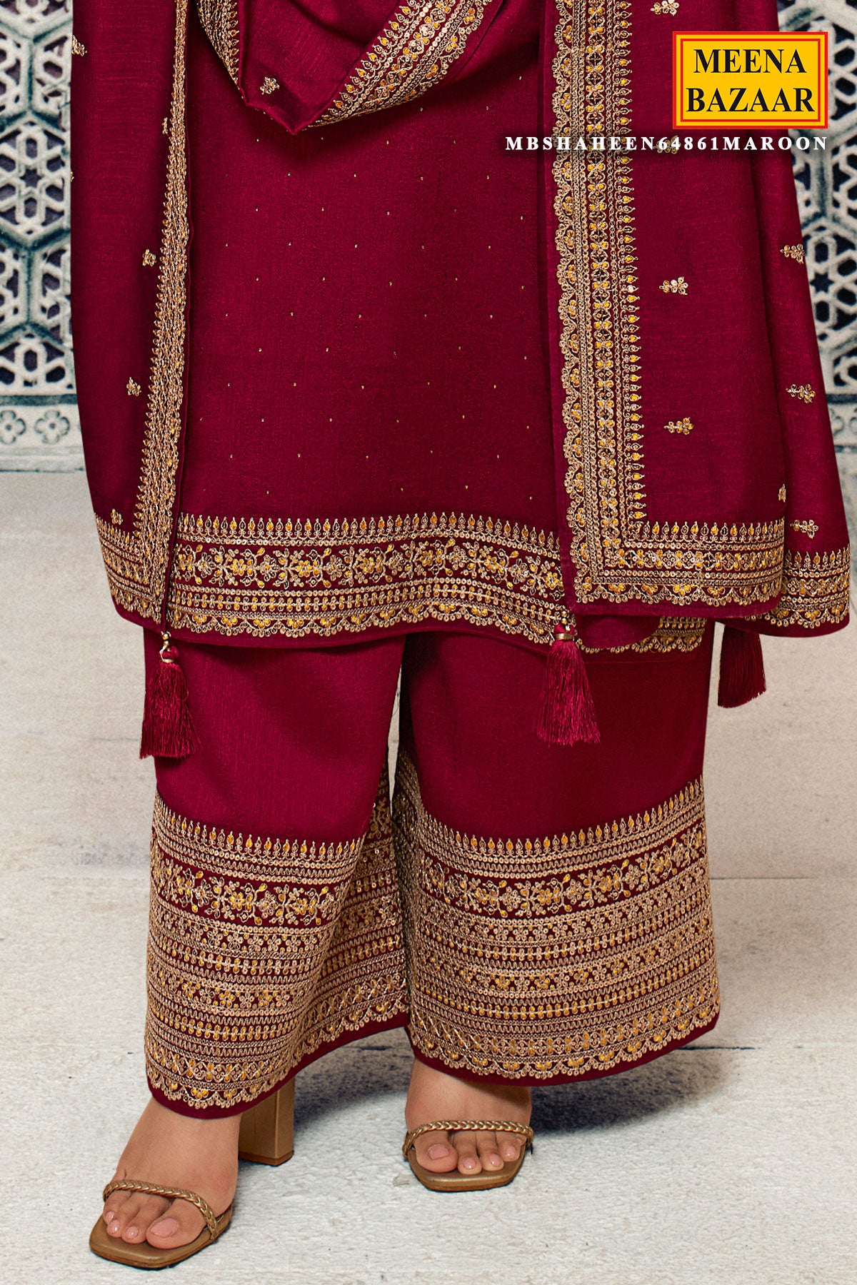 Maroon Blended Silk Swarovski Embellished Embroidered Suit Set