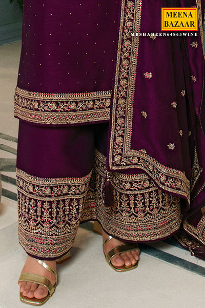 Wine Blended Silk Swarovski Embellished Embroidered Suit Set